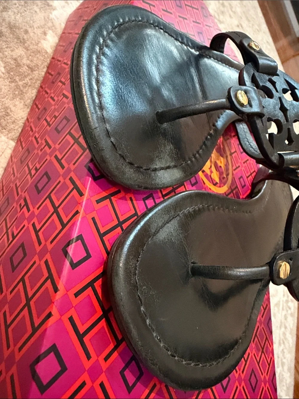 Tory Burch Black Miller Logo Leather Thong Sandals
